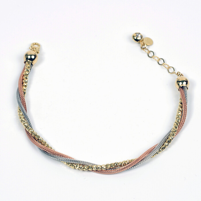 Özel Tasarım 3 Renk (Rose,Beyaz,Sarı) Dorika Toplu Hasır Zincirli Bileklik (14 Ayar Altın) - SAÇAK KUYUMCULUK