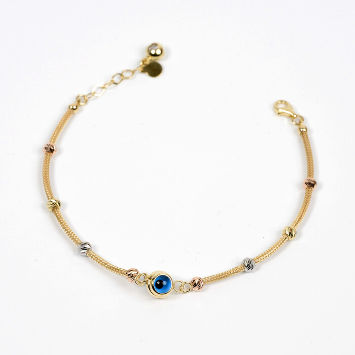 Özel Tasarım 3 Renk (Rose,Beyaz,Sarı) Göz Boncuklu Dorika Toplu Hasır Zincirli Bileklik (14 Ayar Altın) - SAÇAK KUYUMCULUK