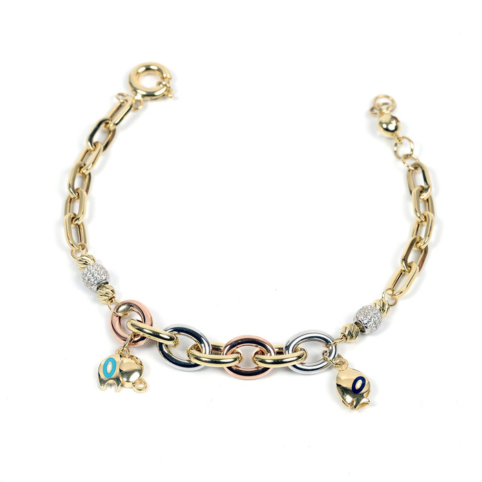 Özel Tasarım Charmlı Fil ve Balık Figürlü Dorika Toplu Taşlı Sallantılı Bilkelik (14 Ayar Altın) - SAÇAK KUYUMCULUK