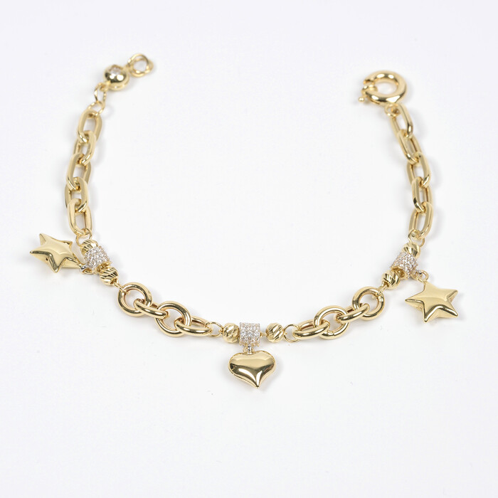 Özel Tasarım Charmlı Kalp ve Yıldız Figürlü Bileklik (14 Ayar Altın) - SAÇAK KUYUMCULUK