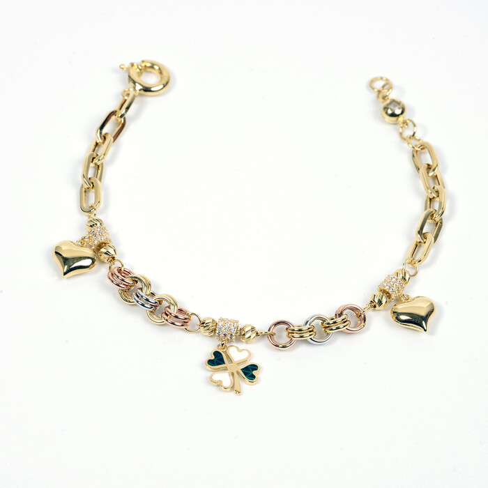 Özel Tasarım Charmlı Mineli Yonca ve Kalp Figürlü Bileklik (14 Ayar Altın) - SAÇAK KUYUMCULUK