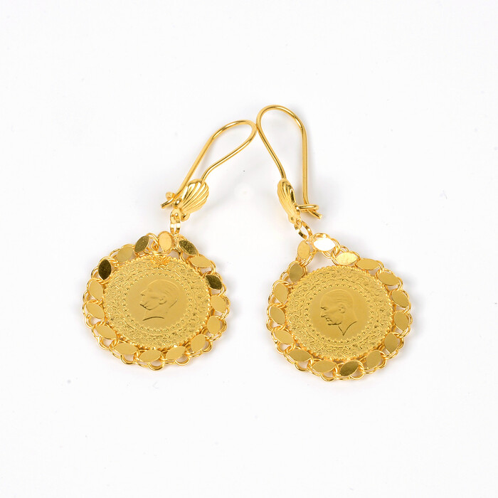 Özel Tasarım İstiridye Kabuğu Figürlü Pullu Çerçeveli Çeyrekli Küpe (22 Ayar Altın) - SAÇAK KUYUMCULUK