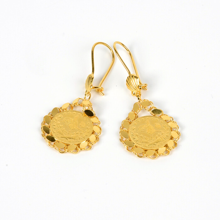 Özel Tasarım İstiridye Kabuğu Figürlü Pullu Çerçeveli Reşat Çeyrekli Küpe (22 Ayar Altın) - SAÇAK KUYUMCULUK