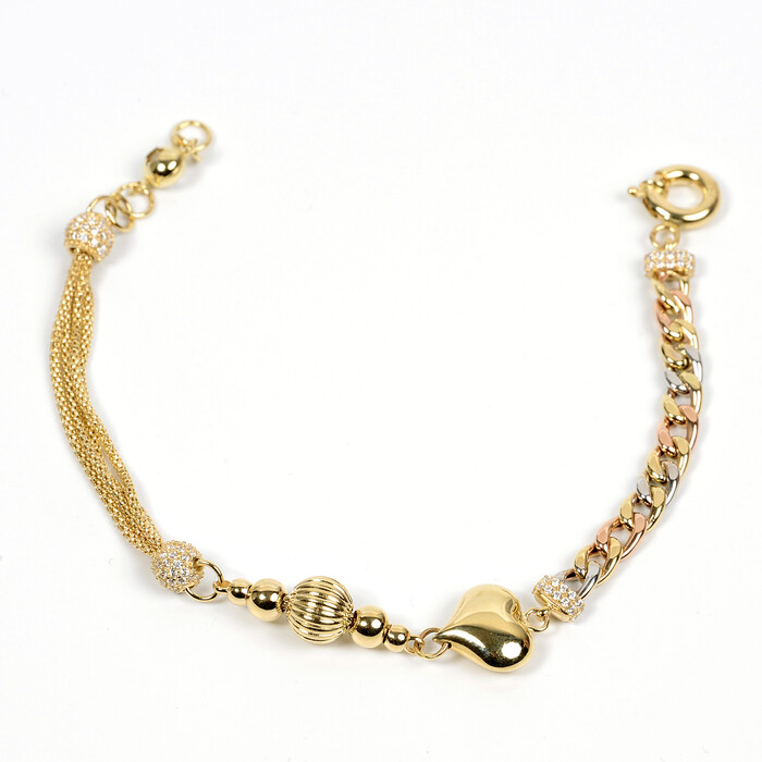 Özel Tasarım İstiridye ve Kalp Figürlü 3 Renk Gurmet ve Hasır Zincirli Taşlı Bileklik (14 Ayar Altın) - SAÇAK KUYUMCULUK