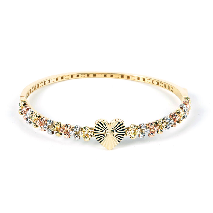 Özel Tasarım Kalp Figürlü Kalem İşlemeli 3 Renk( Rose, Beyaz, Sarı) Dorika Toplu Kelepçe Bilezik (14 Ayar Altın) - SAÇAK KUYUMCULUK