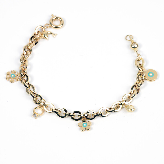 Özel Tasarım Sallantılı (Yunus Balığı, Kar tanesi,Tek Taş, Papatya, İstiridye, Nazar Boncuğu) Figürlü Charmlı Mineli Bileklik (14 Ayar Altın) - SAÇAK KUYUMCULUK