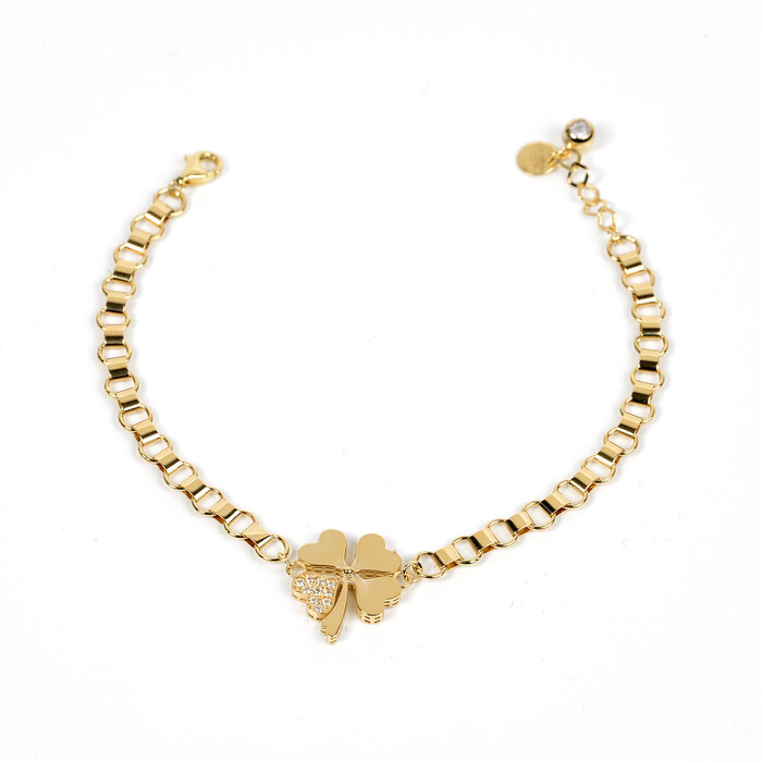 Özel Tasarım Yonca Figürlü Zincirli Taşlı Bileklik (14 Ayar Altın) - SAÇAK KUYUMCULUK